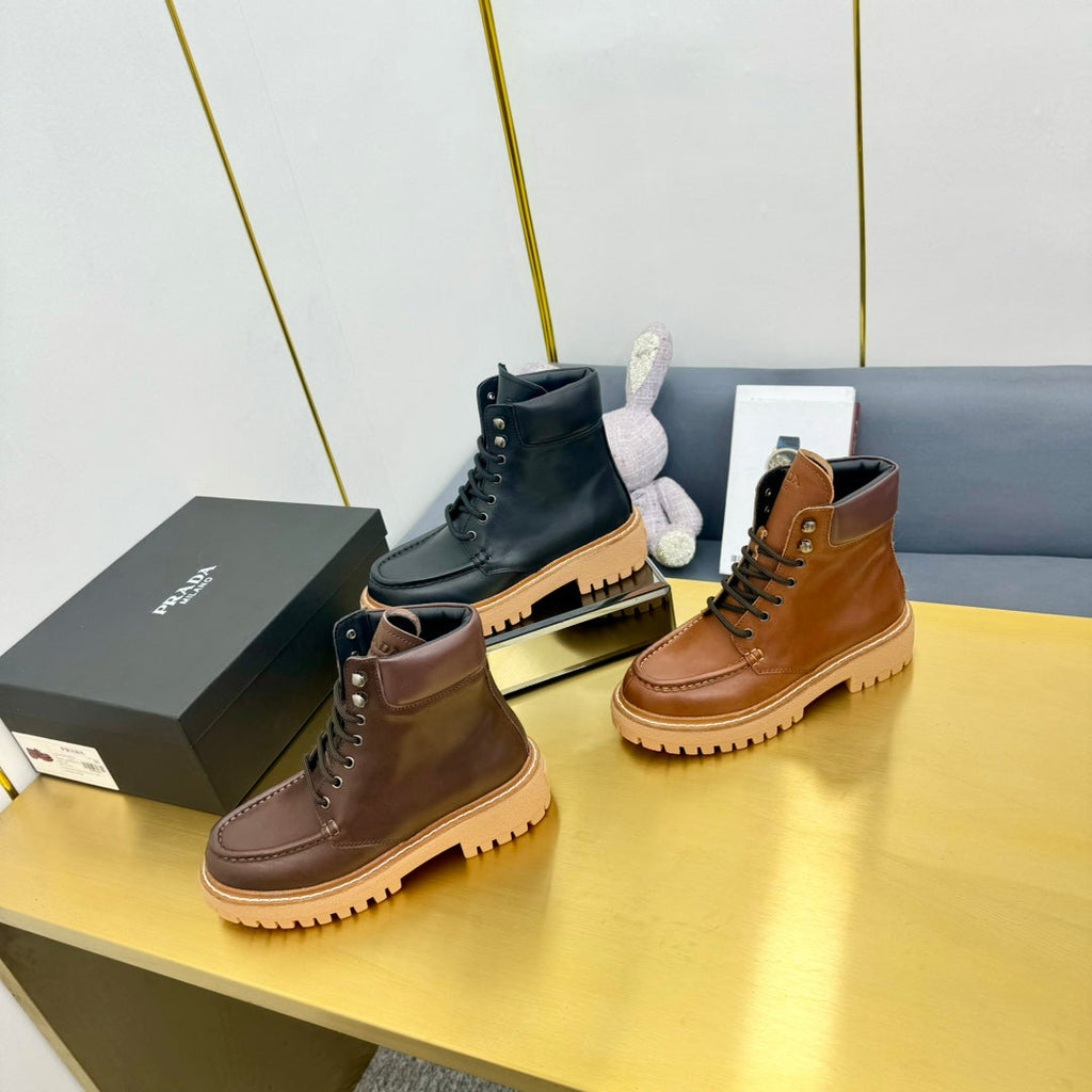 PRADA LACE-UP ANKLE BOOTS IN COGNAC CALFSKIN
