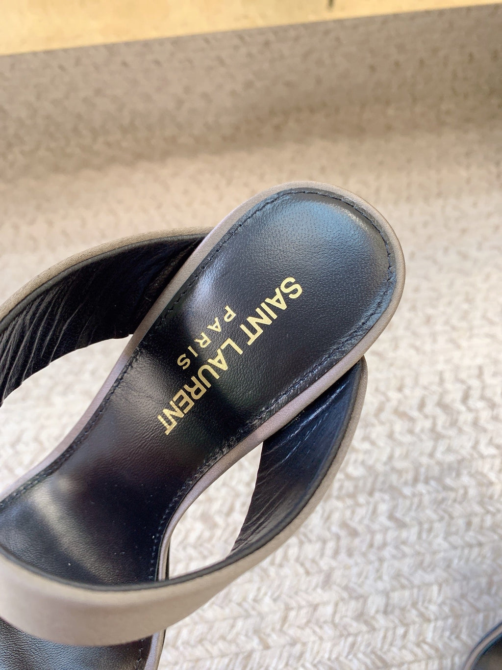 MARTHA POINTED OPEN-TOE HIGH MULES IN GRAY SILK