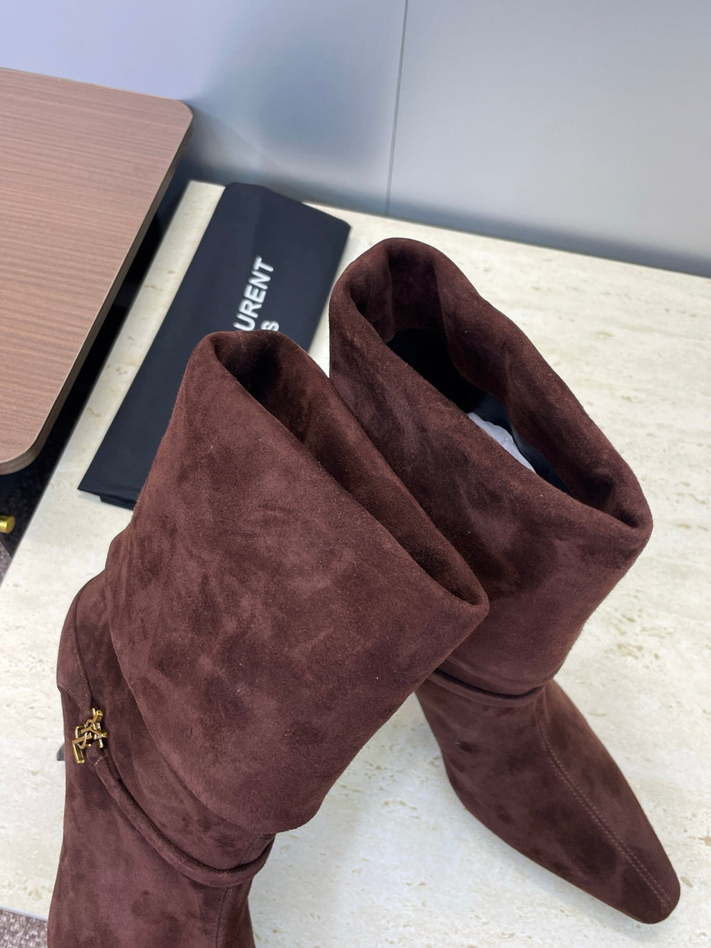YSL 25S NIKI POINTED-HEEL ANKLE BOOTS 95 MM IN DARK BROWN SUEDE WITH GOLD HARDWARE