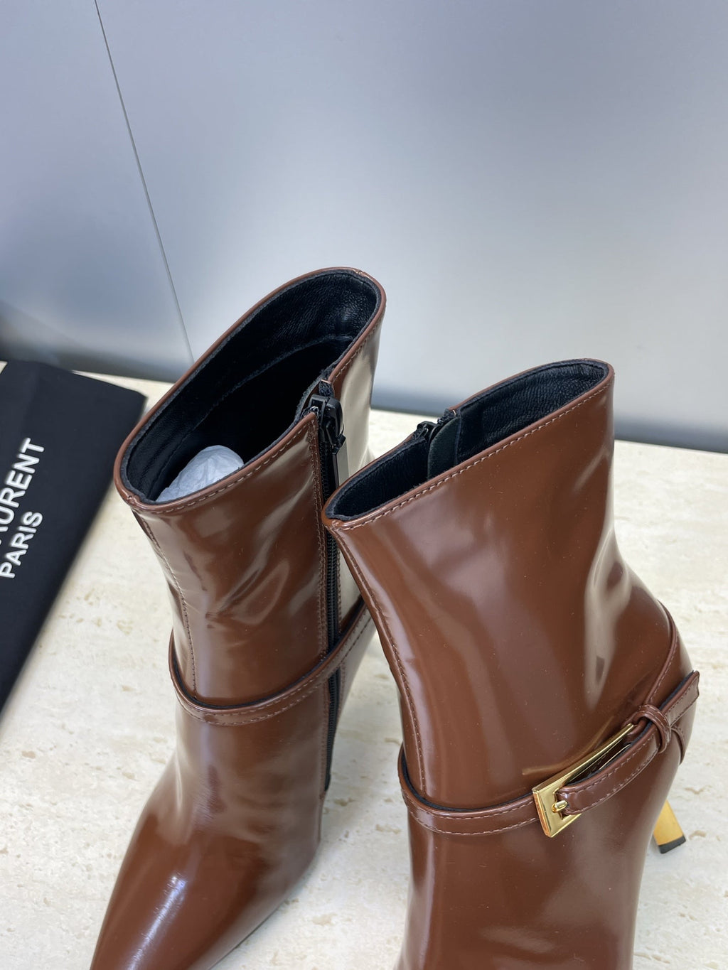 YSL 25S POINTED-TOE HIGH-HEEL ANKLE BOOTS 95 MM IN BROWN LAMBSKIN WITH GOLD HARDWARE