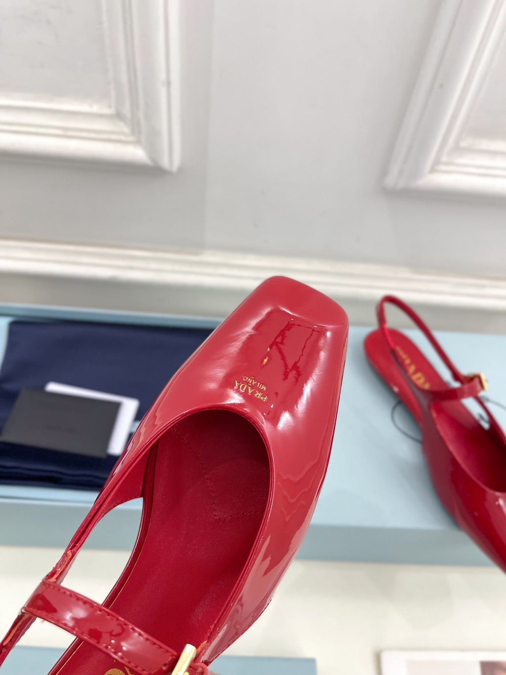 PRADA MARY JANE SLINGBACK SQUARE TOE IN CRIMSON RED PATENT SHEEPSKIN