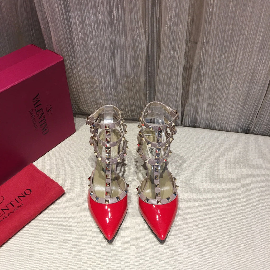 ROCKSTUD CAGED PUMP 65MM IN RUBY RED MIX LIGHT PINK PATENT CALFSKIN